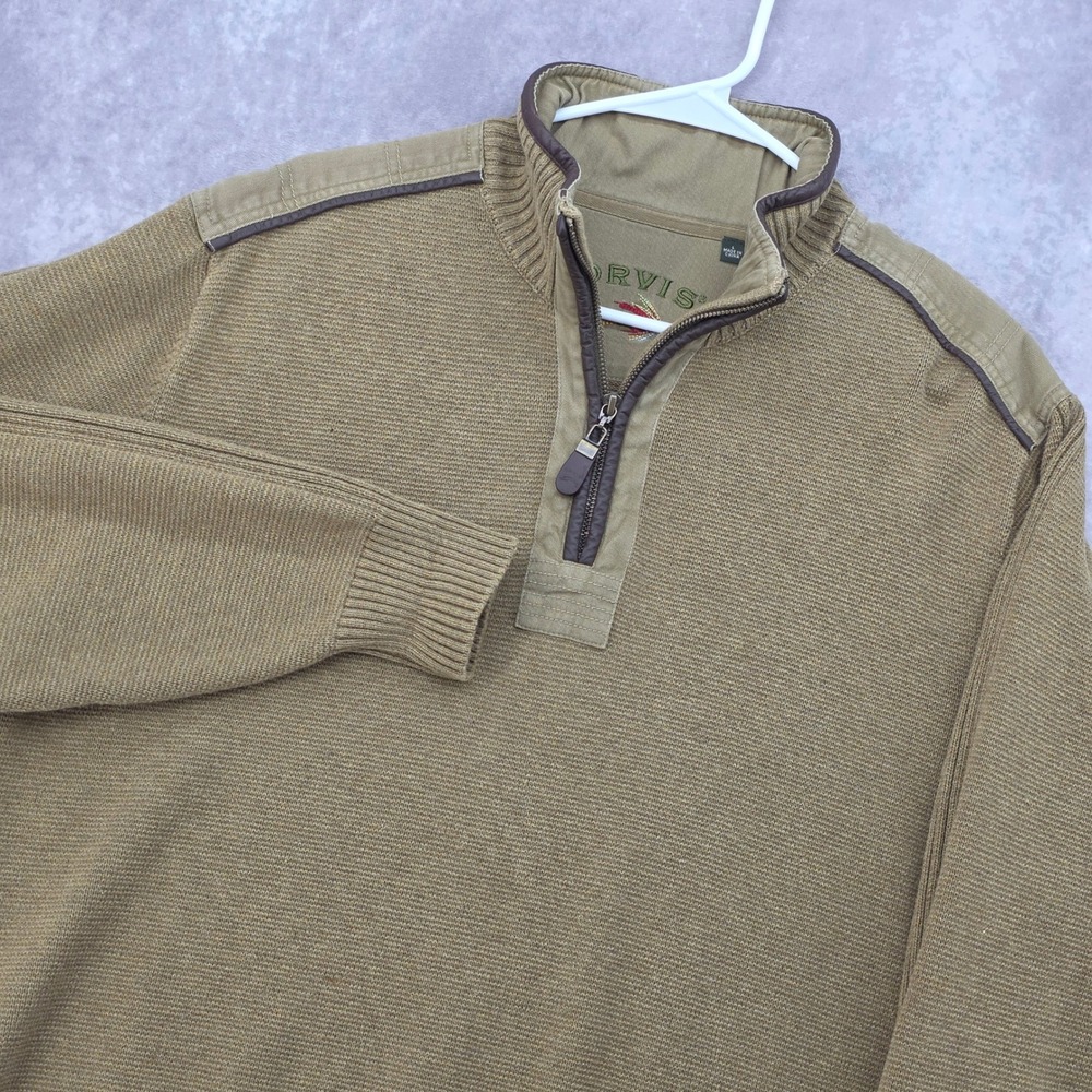 Orvis Mens L Quarter Zip Sweater Olive Khaki Textured Knit HeavyWeight Cotton